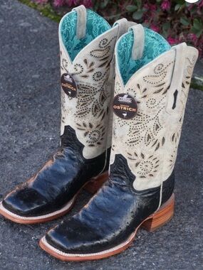 Corral A4530 Women’s Black Ostrich & Bone Laser Cut Western Boots Sz 7.5